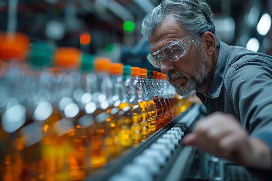 A focused worker performs quality control, meticulously inspecting bottles in a modern industrial setting