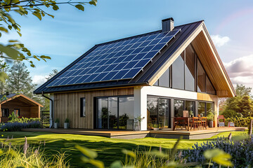 Modern eco-house with solar panels on the roof. Renewable solar energy concept