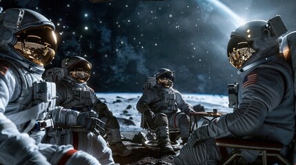 Four space explorers sitting on moon's surface with a camera and a flag amidst a space mission
