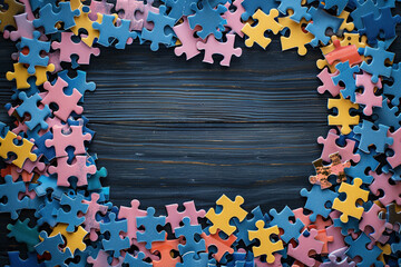 Colorful Puzzle Pieces Arranged on a Wooden Surface