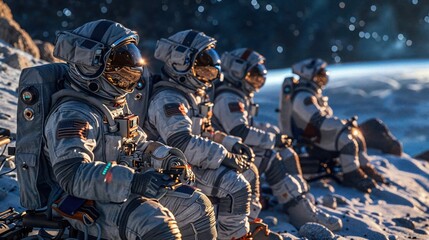 Astronauts equipped with space suits sitting on a celestial body, possibly moon with Earth in background - obrazy, fototapety, plakaty