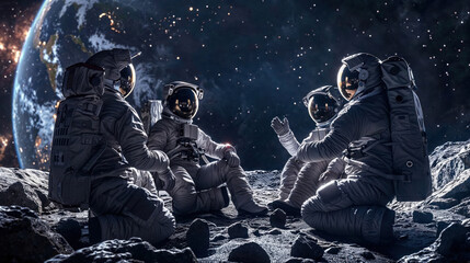 A striking image depicting a team of astronauts in space suits sitting on the moon's surface with a breathtaking view of Earth in the background