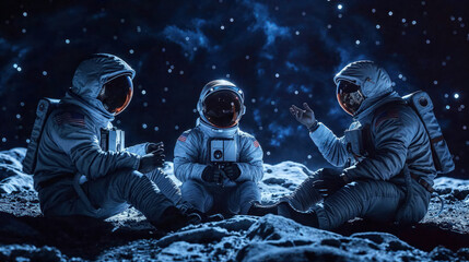 Astronauts sharing a meal on celestial body under a starlit sky, represents unity and human aspect