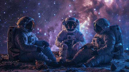 An imaginative depiction of astronauts sitting amidst a Martian landscape, under a dreamy, star-filled magenta sky