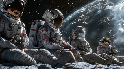 Space explorers appear to have casual gathering, sitting on moon's surface amidst a space mission