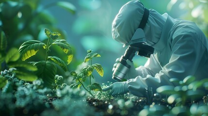 Scientific Discovery: A 3D vector illustration of a scientist examining a plant specimen under a microscope