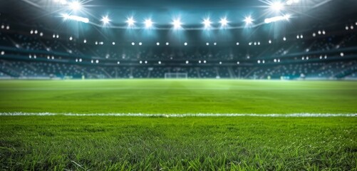 A soccer field with a bright green grass and a few lights in the background