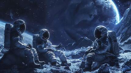 A serene image capturing astronauts in space suits relaxing on a moon surface, with the Earth rising in the background, conveying a sense of accomplishment and camaraderie