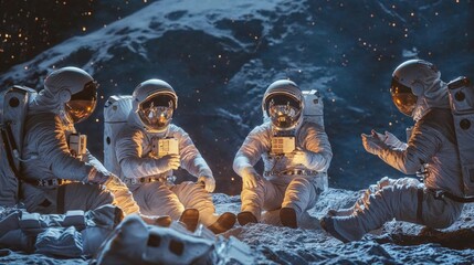 A captivating visual narrative of astronauts on a lunar surface with a brilliantly glowing Earth rise, evoking themes of adventure and the interconnectivity of our planet