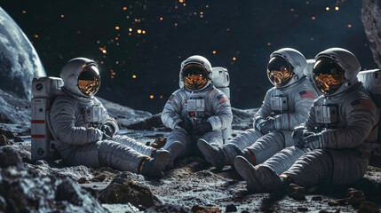 Four astronauts are taking a break on a moon-like surface, depicted with striking realism and attention to detail