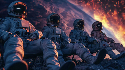 Four astronauts are seen relaxed, against a dramatic cosmic sunset, creating a sense of wonder and adventure