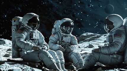 Three astronauts in spacesuits sit on the moon's surface relaxing after a spacewalk amidst a starry sky backdrop