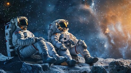 Astronaut pair in detailed spacesuits relax on an unknown planet with illuminated starry sky, creating a feeling of solitude and peace