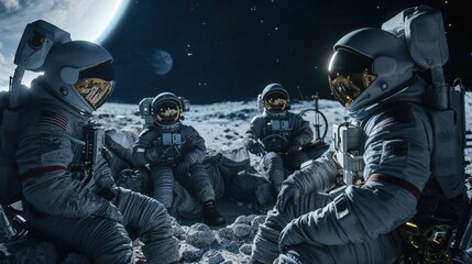 Five spacemen are portrayed sharing a moment on a lunar like landscape, with Earth's crescent in the background