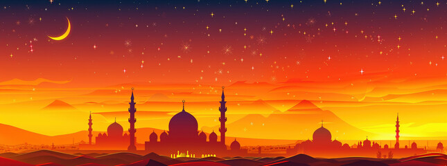 Eid Al-Fitr Celebration with Vibrant Mosque Silhouette