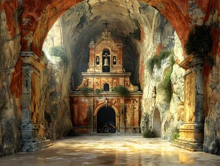 Defiant Church:Abandoned Cathedral Shelters the Persecuted in its Basement,a Symbol of Resilience - obrazy, fototapety, plakaty