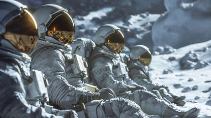 An intense depiction of astronauts pausing with Earth's reflection visible in a visor on the lunar surface