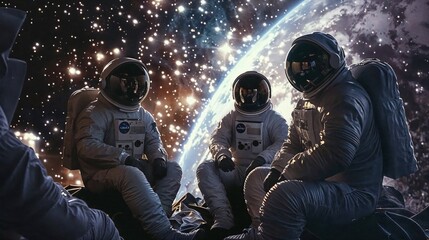 Group of astronauts in space suits sitting and looking at the stars and galaxies, conveying exploration
