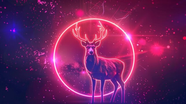 neon deer with a neon circle with starry background in high resolution
