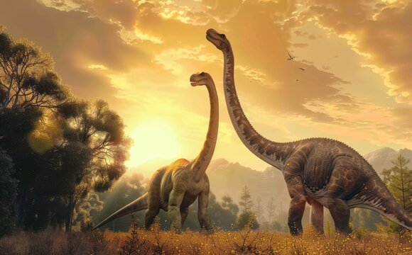 Brachiosaurus, Two dinosaurs are standing in a field with a beautiful sunset in the background