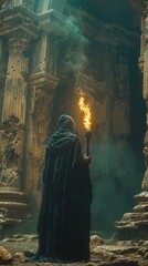 A person is holding a torch in a dark, abandoned building