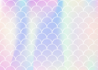 Mermaid scales background with holographic gradient. Bright color transitions. Fish tail banner and invitation. Underwater and sea pattern for girlie party. Iridescent backdrop with mermaid scales.