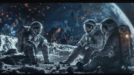 Three astronauts are depicted taking a break on the moon with Earth visible in the background, capturing a moment of human exploration in space - obrazy, fototapety, plakaty