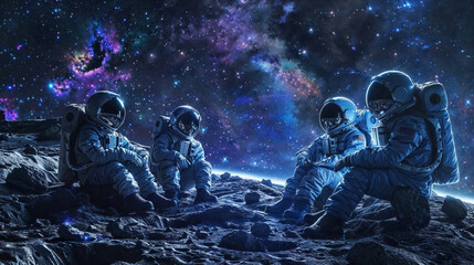 The image showcases a group of astronauts on a spacewalk backed by a vividly colored nebula, illustrating the vastness and beauty of outer space