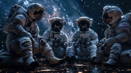 In an intimate setting, astronauts are convened under a star-studded sky, representing exploration and human curiosity - obrazy, fototapety, plakaty