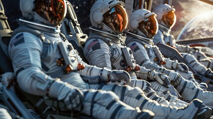 Four astronauts are geared up in their spacesuits, with helmets on, ready for their space mission