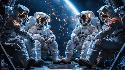 Four astronauts in a spacecraft, with Earth in the backdrop, symbolize exploration and adventure