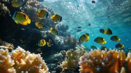 Fototapeta na wymiar Tropical Fish Swimming Near Coral Reef in Sunlit Ocean