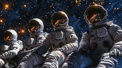 Group of four astronauts taking a break to capture selfies in space, with their visors reflecting the vastness of the cosmos