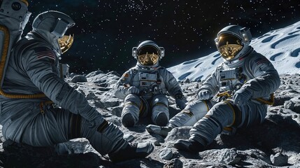 Exploration of the uneven lunar surface by astronauts, with one looking out into the star-filled cosmic horizon