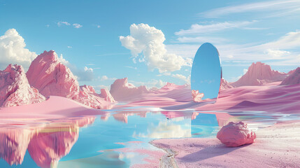Abstract fantastic background. Pink desert with lake and geometric mirror under the blue sky with white clouds