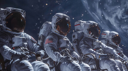 Intense depiction of astronauts aligned for a mission on the lunar surface, reflecting preparation and the anticipation of exploration - obrazy, fototapety, plakaty