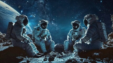 Astronauts engage in a serious discussion on the moon's surface against the backdrop of a breathtaking cosmic scenario