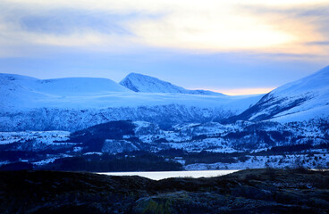 View at the mountains from the Atlantic Ocean Road in winter (Norway). - 781468394