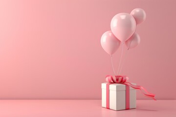 Pink balloons with gift box on pink background. 3D Render