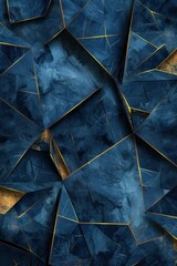 Blue polygonal textured background with golden lines. Geometric abstract background with 3d effect.