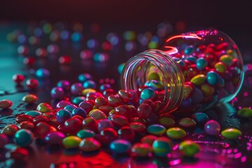 Vibrant multicolored candies scattered from an overturned jar on a reflective dark surface, depicting indulgence and sweetness. Colorful Candy Spilled from Jar on Dark Surface