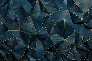 Blue polygonal textured background with golden lines. Geometric abstract background with 3d effect. - obrazy, fototapety, plakaty