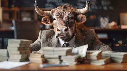 A bull is sitting at a desk with stacks of money in front of him. The image has a humorous and lighthearted mood, as the bull is dressed in a suit and tie, which is not a typical attire for a bull - obrazy, fototapety, plakaty