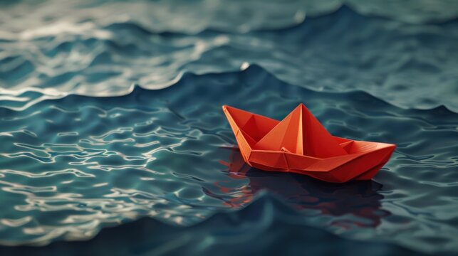 A Red paper boat origami on the ocean water. AI generated image