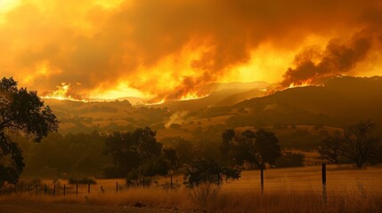 Wildfire Engulfs Hillside at Dusk