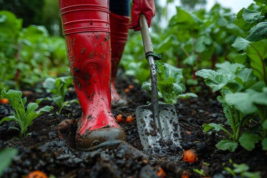 A close-up shot of a farmer’s red boots and shovel digging in rich garden soil during planting time