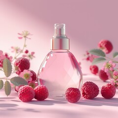 A bottle of perfume is on a table with a bunch of raspberries. The bottle is pink and has a gold cap. The raspberries are scattered around the bottle, creating a natural and fresh look