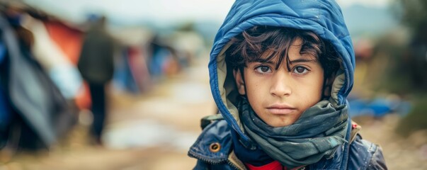 Portrait of a young boy with blue hood in refugee camp. High-resolution photography with copy space.