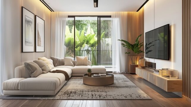 Modern style living room with picture frame,Fragment of a modern minimalist monochrome living room,comfortable corner sofa with pillows, coffee table, pendant lamp, carpet on the floor,3d rendering 