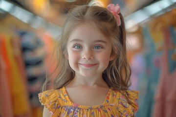 Fototapeta premium Little girl with striking green eyes and a pink flower in hair, radiating warmth and joy